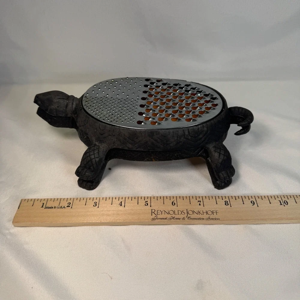 Vintage Cast Iron Turtle Cheese Grater and Wood Trivet Set Black Rustic Decor